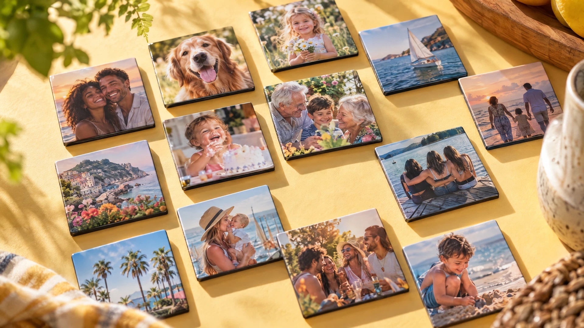 A sunny collection of personalized square photo magnets