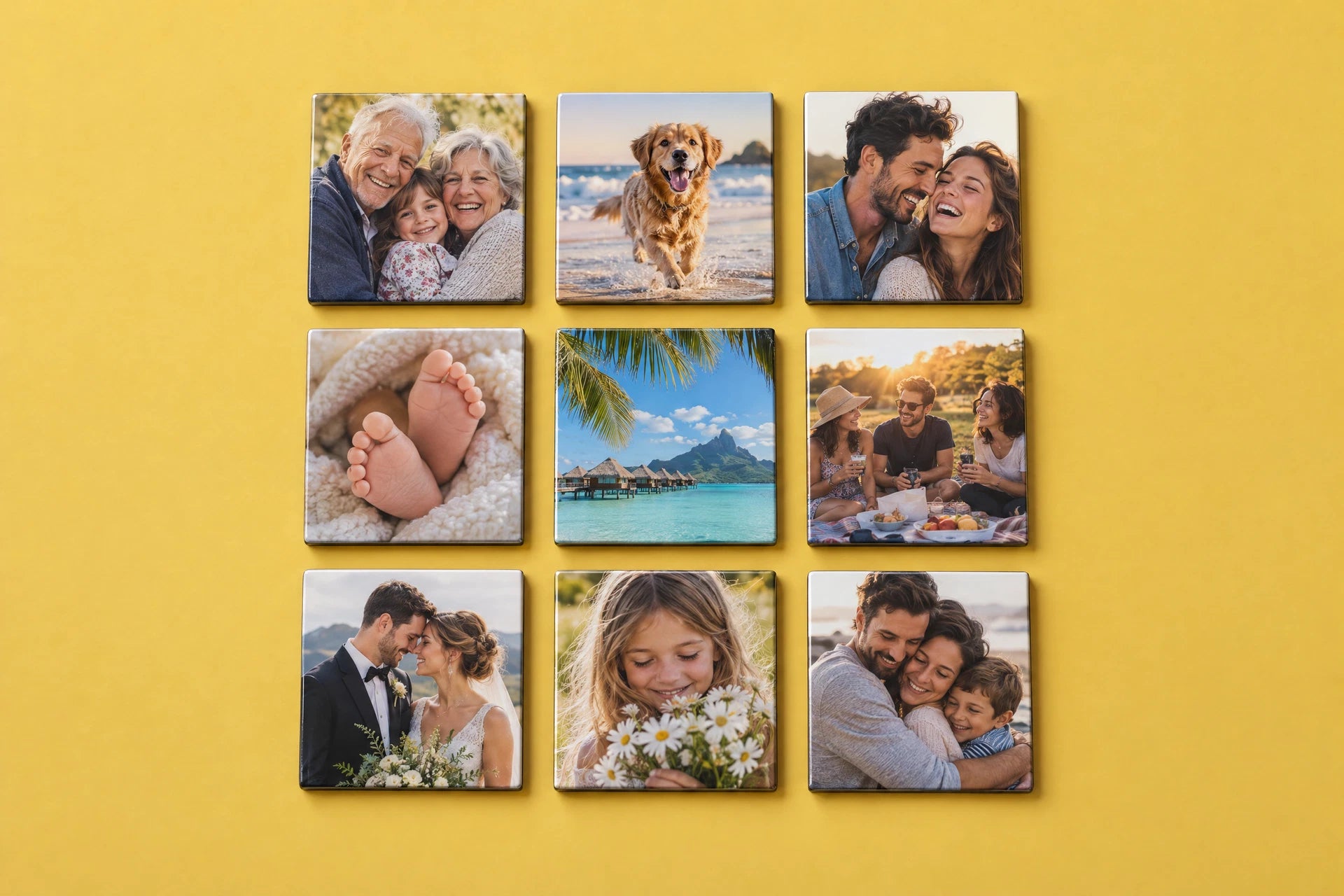 Nine custom square photo magnets on a golden yellow background